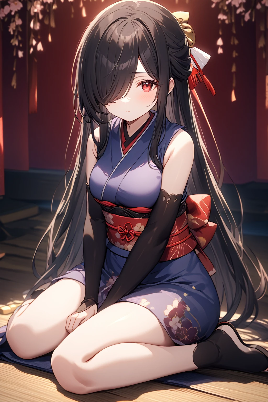 Full Body Portrait, 1girl, Solo, Looking at viewer, Shy, Cute, Red Eyes, Empty Eyes, Expressionless Eyes, Black Hair, Very Long Ponytail, Straight Hair, ((Hair Over One Eye, Swept Bangs:1.5)), Petite, score_9, source_anime, good_hands, Large breasts, Pale Skinned, Slender, Curvy, ninja, sleeveless, obi, japanese clothes, (Wariza:1.5), Japanese Background, Cinematic Lighting, Masterpiece, 4K, Best Quality, High Resolution, Accurate, Award Winning, (SuperQuality:1.0) ~ (SuperQuality:1.2)