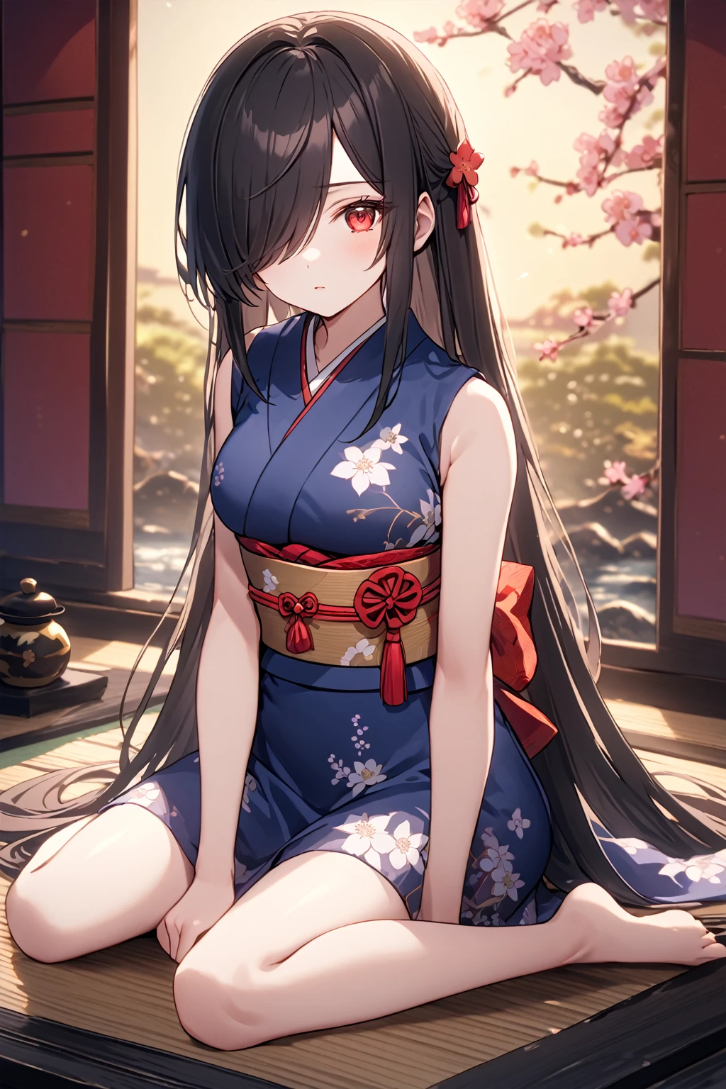 Full Body Portrait, 1girl, Solo, Looking at viewer, Shy, Cute, Red Eyes, Empty Eyes, Expressionless Eyes, Black Hair, Very Long Ponytail, Straight Hair, ((Hair Over One Eye, Swept Bangs:1.5)), Petite, score_9, source_anime, good_hands, Large breasts, Pale Skinned, Slender, Curvy, ninja, sleeveless, obi, japanese clothes, (Wariza:1.5), Japanese Background, Cinematic Lighting, Masterpiece, 4K, Best Quality, High Resolution, Accurate, Award Winning, (SuperQuality:1.0) ~ (SuperQuality:1.2)