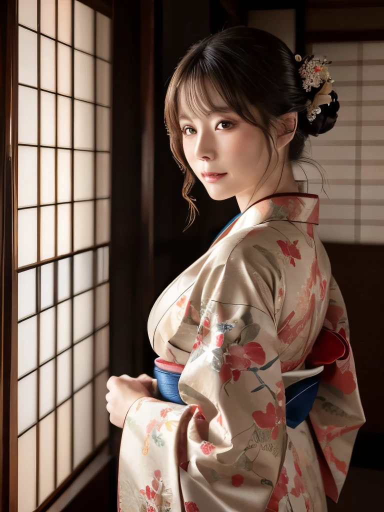 (8K RAW photo, Best Quality, Masterpiece, Ultra-high resolution: 1.2),Kimono Beauty, Detailed facial expressions, Delicate depiction, Elegance,Elegantly, kimono,艶やかな美しいkimono. Done,Hospitality, Japanese Room,Japanese-style room,whole body, Cinematic Lighting, Depth of written boundary, 
