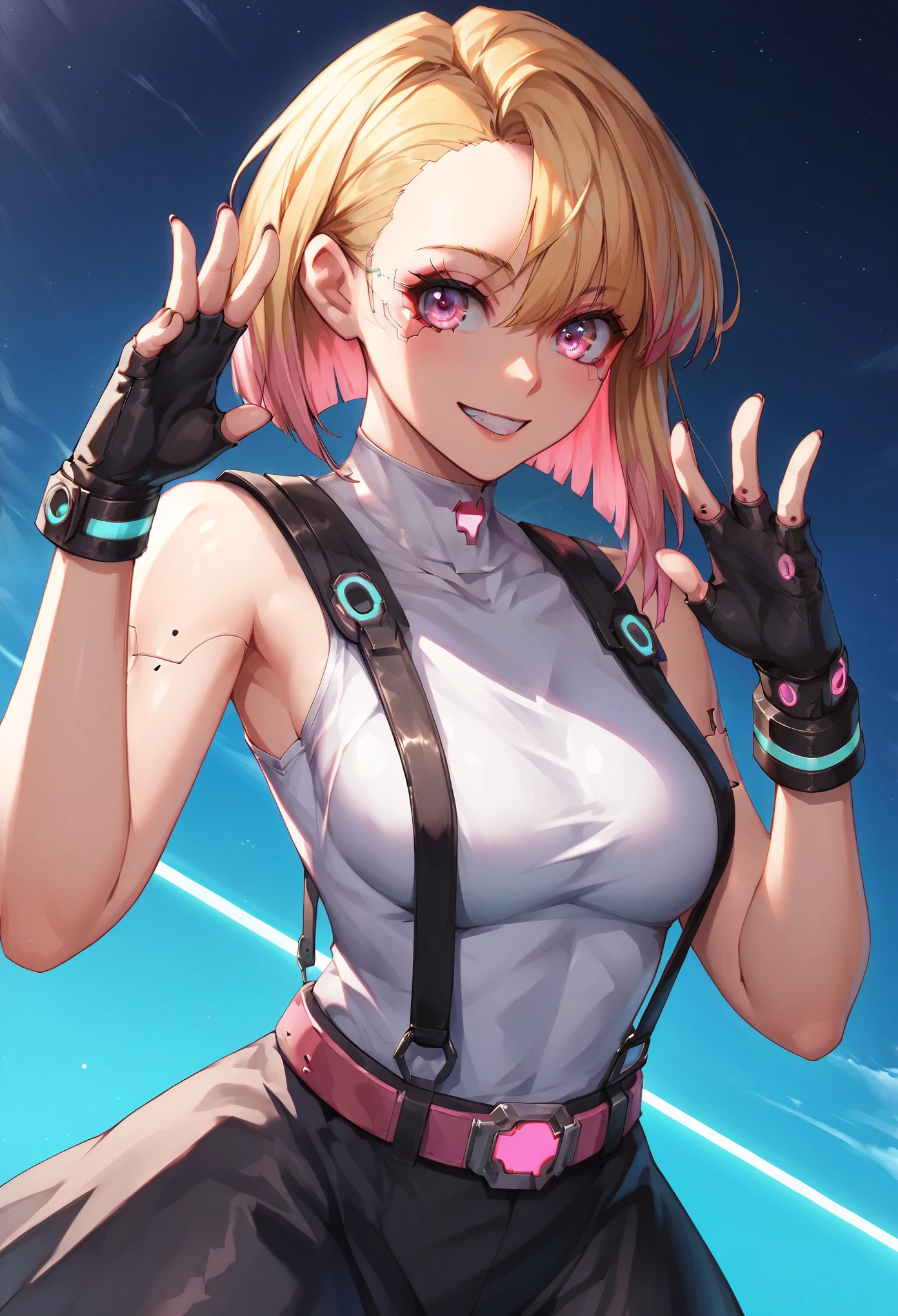 (masterpiece, best quality:1.2), pink glowing eyes, pink eyes, perfect face, blonde, gorgeous, strong make up, highres, 1 girl, solo, make up, (female:1.5), multcolored hair, shoulder eletronic armor, sleeveless turtleneck, cute outfit, white shirt, eletronic forniture, suspenders, belt, gloves, bracer, cute smile, standing, portrait, looking at viewer, cyberpunk forniture, long leather boots, fullbody shot, dinamic pose, cyberpunk backgrund, futuristic cyberpunk theme,