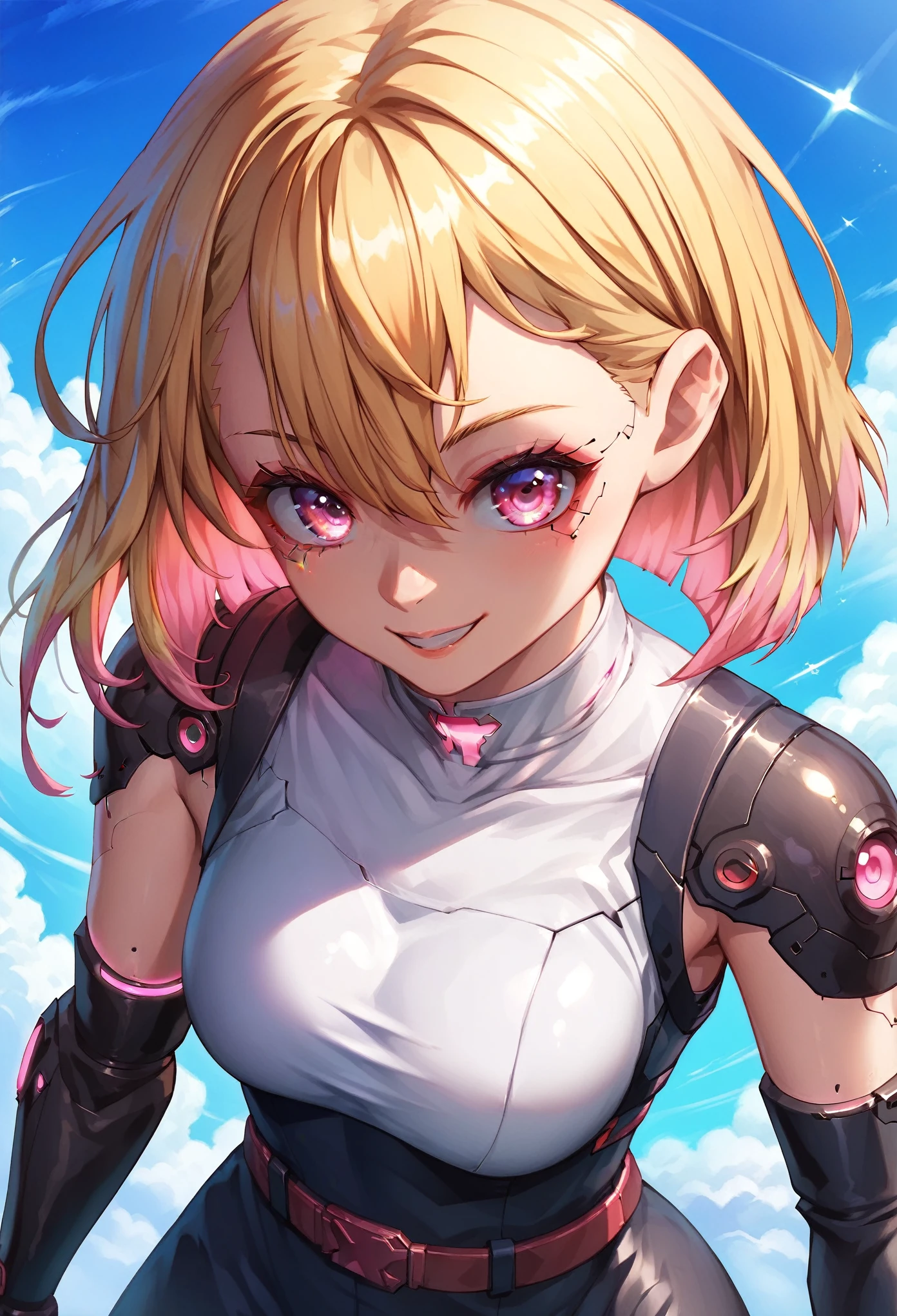 (masterpiece, best quality:1.2), pink glowing eyes, pink eyes, perfect face, blonde, gorgeous, strong make up, highres, 1 girl, solo, make up, (female:1.5), multcolored hair, shoulder eletronic armor, sleeveless turtleneck, cute outfit, white shirt, eletronic forniture, suspenders, belt, gloves, bracer, cute smile, standing, portrait, looking at viewer, cyberpunk forniture, long leather boots, fullbody shot, dinamic pose, cyberpunk backgrund, futuristic cyberpunk theme,