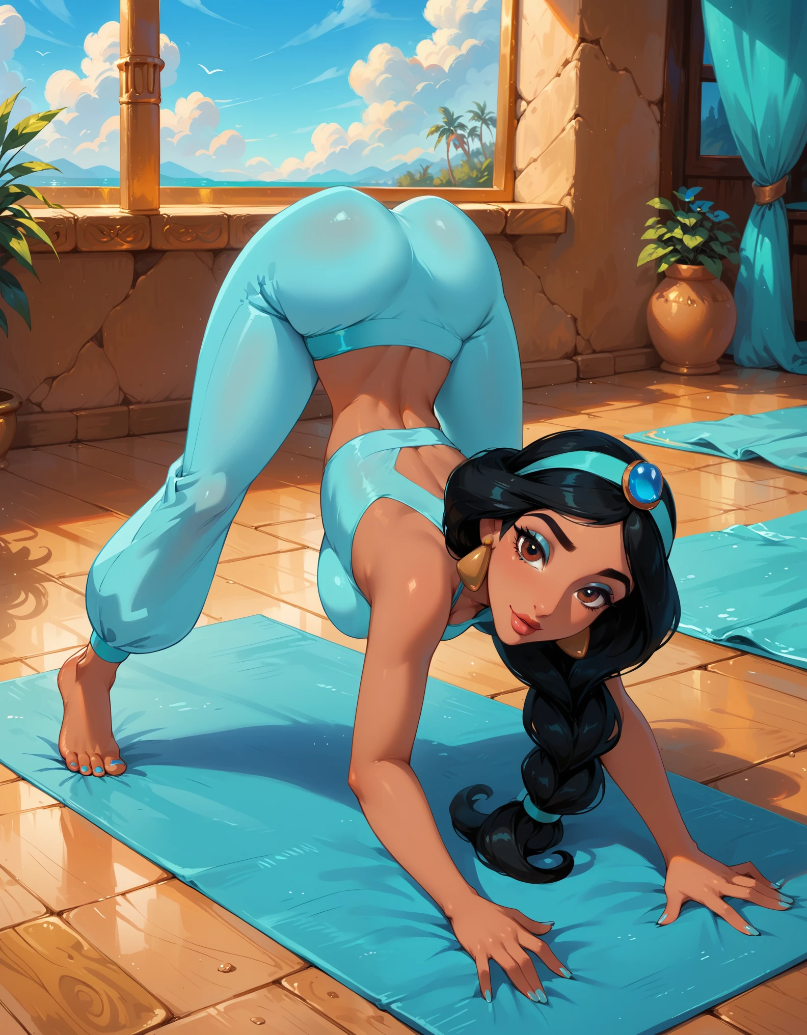 score_9, score_8_up, score_7_up, rating_questionable, epiCPhoto, 1girl, very sexy (Disney's Jasmine, ja_n, arabian woman, brown skin, black hair, brown eyes, thick braid, turquoise headband with sapphire, barefoot:1.1), beautiful waifu, yogapants, sky blue yoga pants, in gym, on yoga mat, long legs, thicc, solo, cute, flirt, gaze, sexy look, half-closed eyes, head tilt, filled lips, thick lips, makeup, modelling shoot, sexy pose, face down ass up pose, cameltoe.