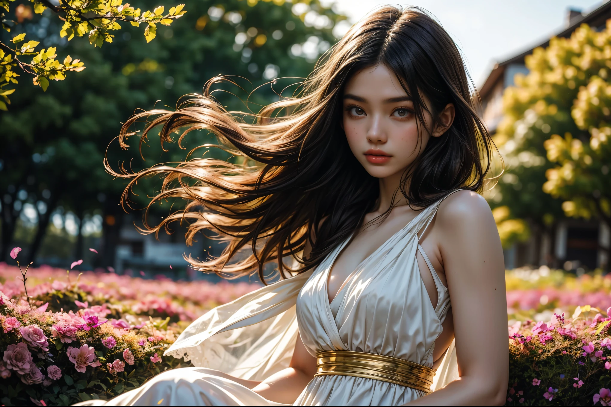 High quality, high resolution, real photos. Japanese beauty in her 20s, ethereal, (dreamy: 1.2), soft focus, floating in a flower field, wearing a white dress, long flowing hair, (breeze: 1.1), sunlight, golden hour, fantasy, depth of field, cinematic lighting, art station, concept art.