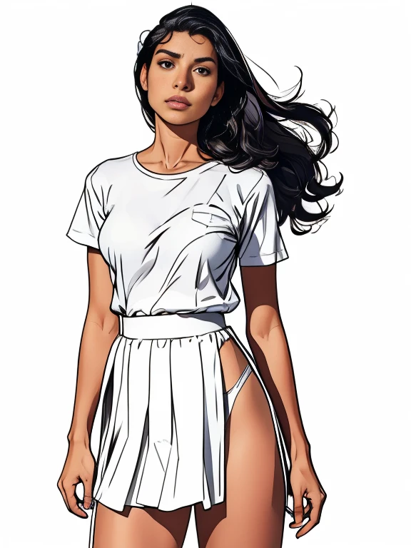 niplles, visible from a white shirt (((work of art, highest quallity)), witheout panties, 1 girl, (photorrealistic: 1.4), standing alone, White background, Bblack hair, long hair, Absolute Area, overskirt, ((whole body)),  