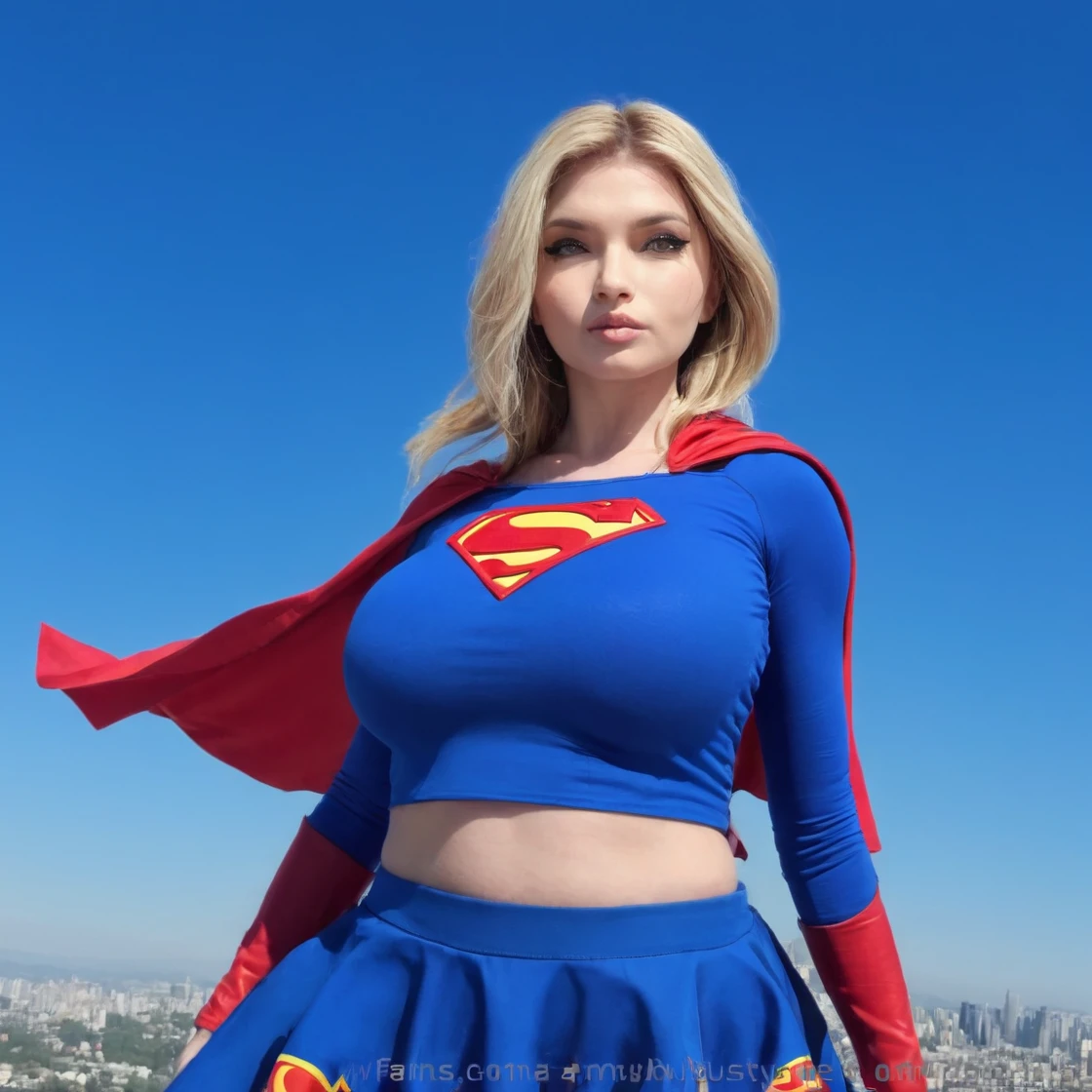 BustyEmaxl, long, dark light brown hair; fair skin; green eyes; thin nose; full lips; thick, arched eyebrows; pointed chin. She is 1.75 m tall and weighs 58 kg. She has a generous 36DD chest. She is a woman wearing a Supergirl costume, inspired by the iconic DC Comics character. She wears the classic fitted blue bodysuit with the iconic red and yellow S on the chest, symbol of the House of El. Her red cape floats behind her, adding a dynamic and heroic touch to her silhouette. The costume is completed by a short red skirt that moves slightly with the wind, and red high boots, which stop just below the knees, accentuating her athletic look.

She also wears a yellow belt around her waist, emphasizing the separation between the top and bottom of her costume. Her blonde hair floats around her face, and her gaze is determined, reflecting her strength and courage. The background can depict a clear sky or a modern city, illustrating her role as protector and heroine.