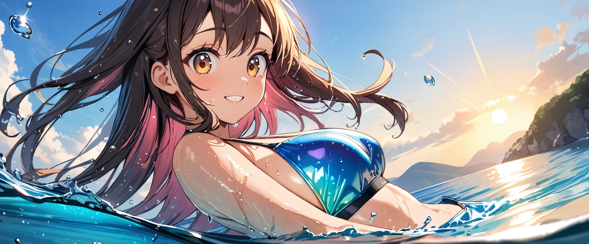 (masterpiece, best quality, highest quality, uhd), Ocean, flower, beautiful, very cute, ((Big droping eyes)), long hair, Attractive girl, A wonderful girl, Sophisticated,  smile, Swimwear, Shiny Reflectiv clothes, medium blest, wet, Splash, Water, dynamic angle, lenz flair, dof, 