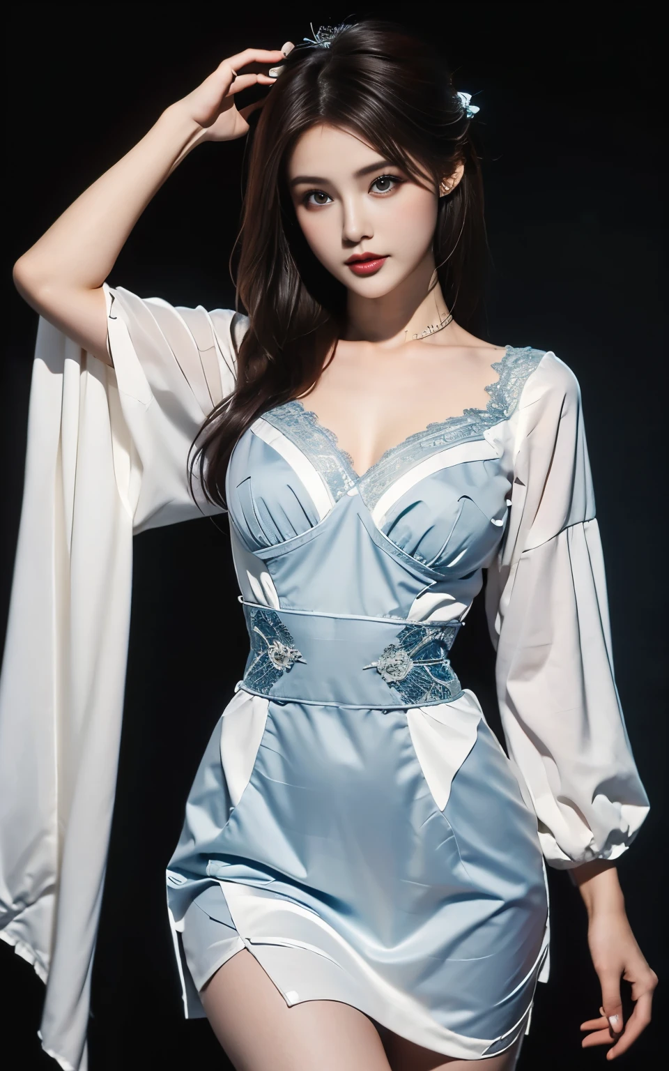 (((Dark Photography,Dark,darkroom,LED complete graphic design))),Beautiful and charming woman, (Ultra-delicate),Luxury evening dress(Technology line decoration),(((Luxurious blue lace)))((Low waist and high legs)),((Gradient shading)),Stunning details,Micro T String , (Real one-piece skin color white and tender:1.2), (Multiple colors),(Alphonse Mucha)Delicate chain jewellery belt, Beautiful round breasts:1.45, Chest together ,Medium and long range shooting ,Bright and beautiful big eyes,(Small lips),((healthy:1.5))Hourglass figure,obesity:1.3,Fat:1.4,20 years old,((Deep rose red glossy hair:1.2)),((blue rose)) ,fantasy、LED complete graphic design梦境,Half-length close-up,Look to one side