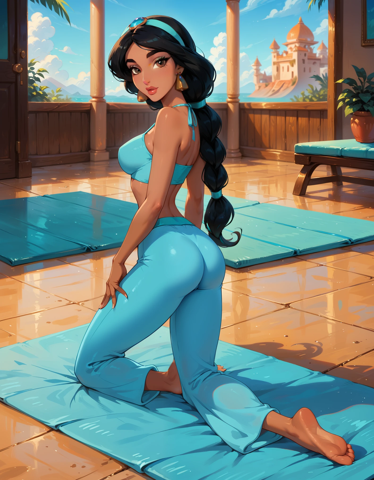 score_9, score_8_up, score_7_up, rating_questionable, epiCPhoto, 1girl, very sexy (Disney's Jasmine, ja_n, arabian woman, brown skin, black hair, brown eyes, thick braid, turquoise headband with sapphire, barefoot:1.1), beautiful waifu, yogapants, sky blue yoga pants, in gym, on yoga mat, long legs, thicc, solo, cute, flirt, gaze, sexy look, half-closed eyes, head tilt, filled lips, thick lips, makeup, modelling shoot, sexy pose, rear view, cameltoe.