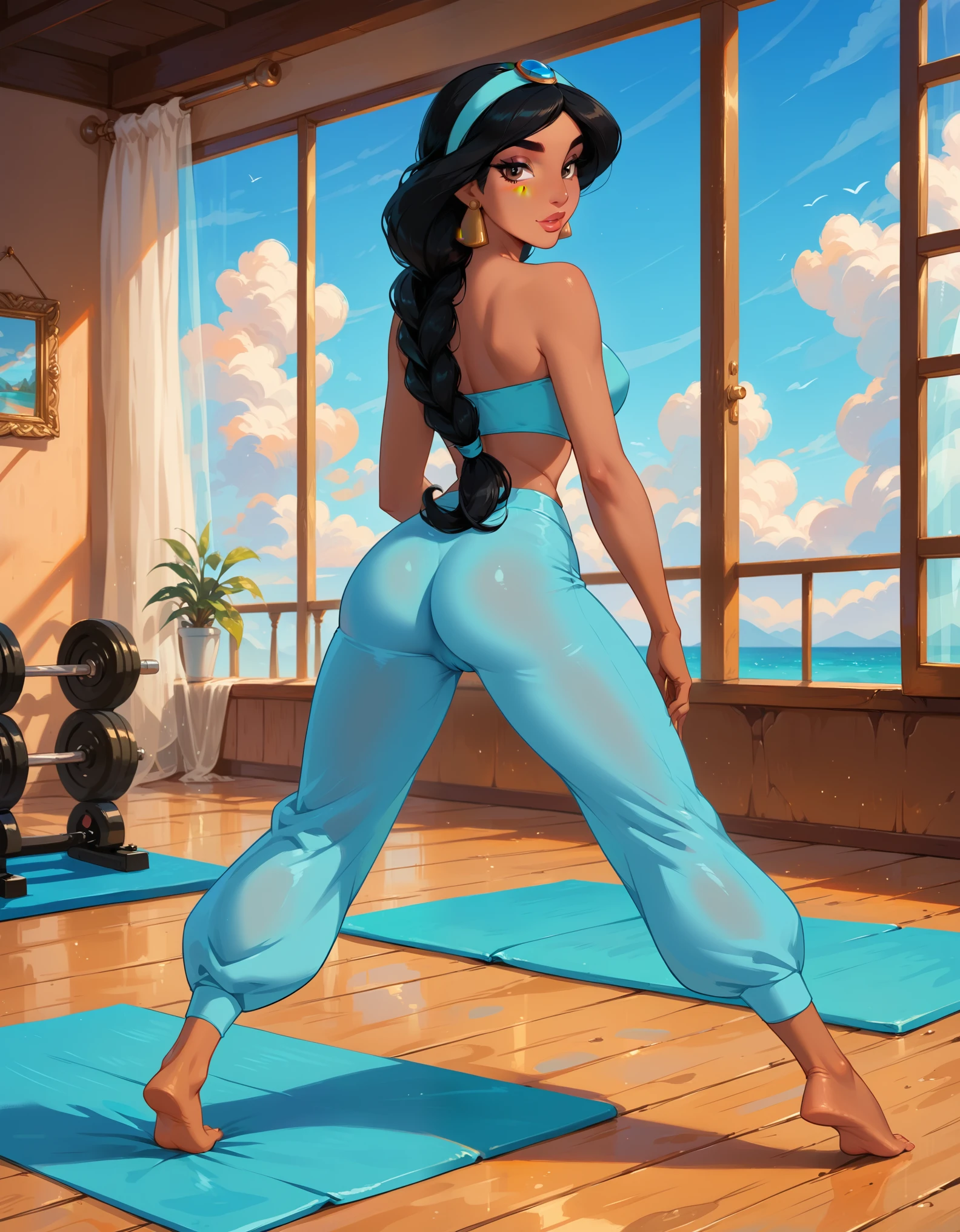 score_9, score_8_up, score_7_up, rating_questionable, epiCPhoto, 1girl, very sexy (Disney's Jasmine, ja_n, arabian woman, brown skin, black hair, brown eyes, thick braid, turquoise headband with sapphire, barefoot:1.1), beautiful waifu, yogapants, sky blue yoga pants, in gym, on yoga mat, long legs, thicc, solo, cute, flirt, gaze, sexy look, half-closed eyes, head tilt, filled lips, thick lips, makeup, modelling shoot, sexy pose, rear view, cameltoe.