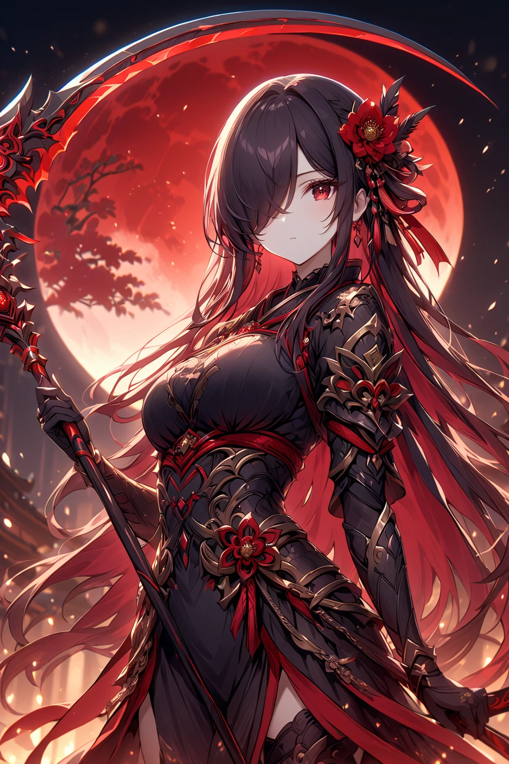 Cowboy Shot, 1girl, Solo, Looking at viewer, Shy, Cute, Red Eyes, Empty Eyes, Expressionless Eyes, Black Hair, Very Long Hair, Straight Hair, ((Hair Over One Eye, Swept Bangs:1.5)), Petite, score_9, source_anime, good_hands, Large breasts, Pale Skinned, Slender, Curvy, ((Ninja)), (Holding Red Scythe:1.2), Standing, Japanese Background, Red Moon, Dark Night, Dark Lighting, Masterpiece, 4K, Best Quality, High Resolution, Accurate, Award Winning, (SuperQuality:1.0) ~ (SuperQuality:1.2)