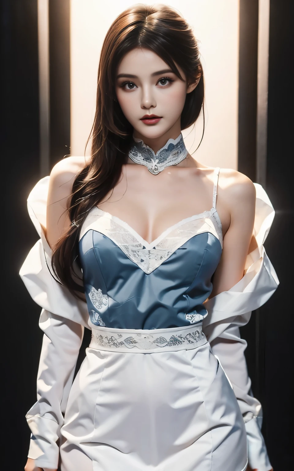 (((Dark Photography,Dark,Main Street,LED complete graphic design))),Beautiful and charming woman, (Ultra-delicate),Luxury evening dress(Technology line decoration),(((Luxurious blue lace)))((Low waist and high legs)),((Gradient shading)),Stunning details,Micro T String , (Real one-piece skin color white and tender:1.2), (Multiple colors),(Alphonse Mucha)Delicate chain jewellery belt, Beautiful round breasts:1.45, Chest together ,Medium and long range shooting ,Bright and beautiful big eyes,(Small lips),((healthy:1.5))Hourglass figure,obesity:1.3,Fat:1.4,20 years old,((Deep rose red glossy hair:1.2)),((blue rose)) ,fantasy、LED complete graphic design梦境,Half-length close-up,Look to one side
