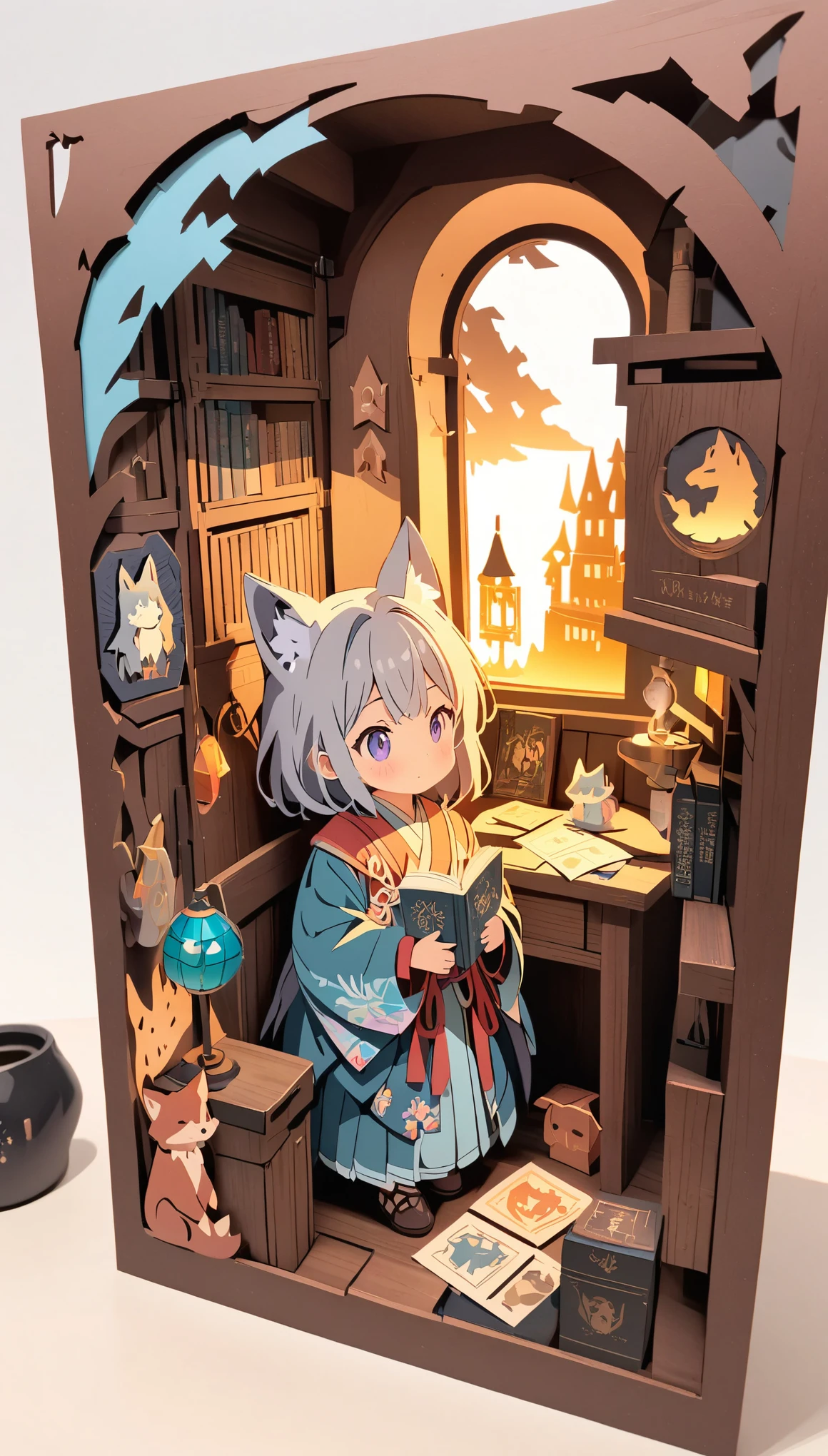 (masterpiece:1.2), (Best Quality:1.2), Ultra-high resolution, Very detailed, Perfect lighting, Wolf Girl, Gray Hair, National Costume, Otherworldly fantasy, cute, Tilt your head, Pastel colors, Paper cutting art,Flat paper cutout, Paper Art, Paper Quilt, Digital Art,Anime style illustration,Anime illustration, White background, PAPERCUT, book nook