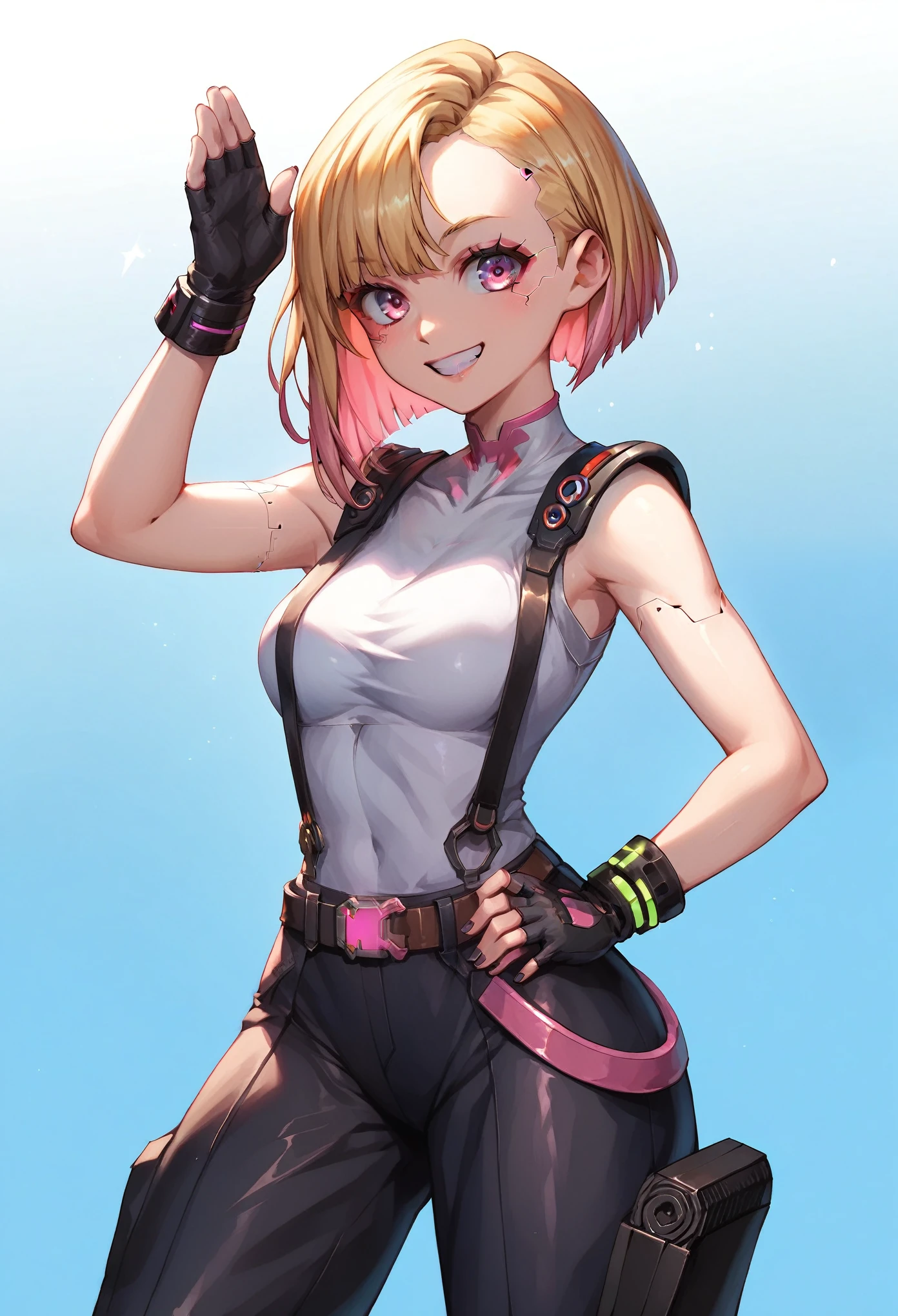 (masterpiece, best quality:1.2), pink glowing eyes, pink eyes, perfect face, blonde, gorgeous, strong make up, highres, 1 girl, solo, make up, (female:1.5), multcolored hair, shoulder eletronic armor, sleeveless turtleneck, cute outfit, white shirt, eletronic forniture, suspenders, belt, gloves, bracer, cute smile, standing, portrait, looking at viewer, cyberpunk forniture, long leather boots, fullbody shot, dinamic pose, cyberpunk backgrund, futuristic cyberpunk theme,