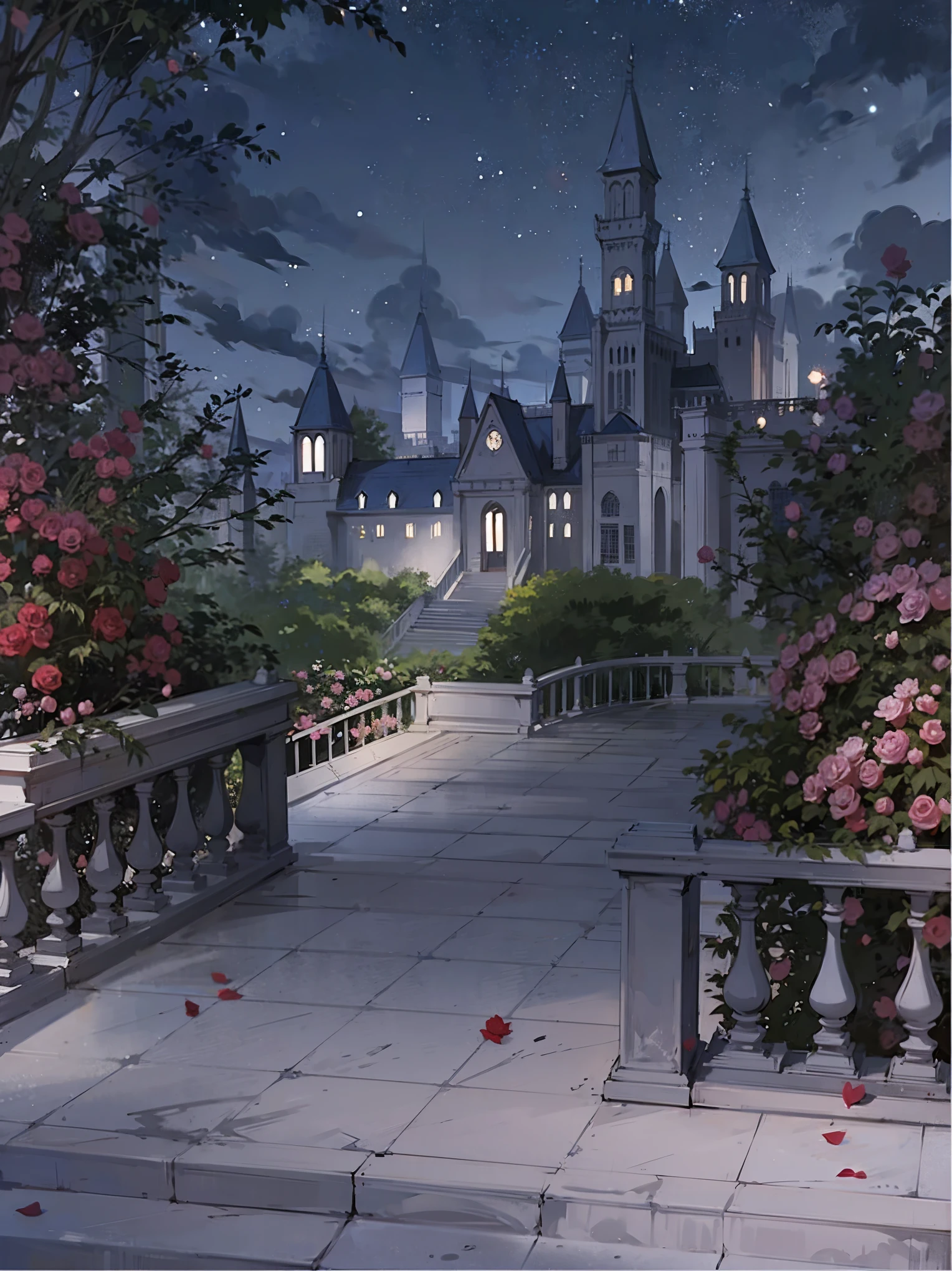 Medieval castle, night, stars in the sky, roses, marble structures,