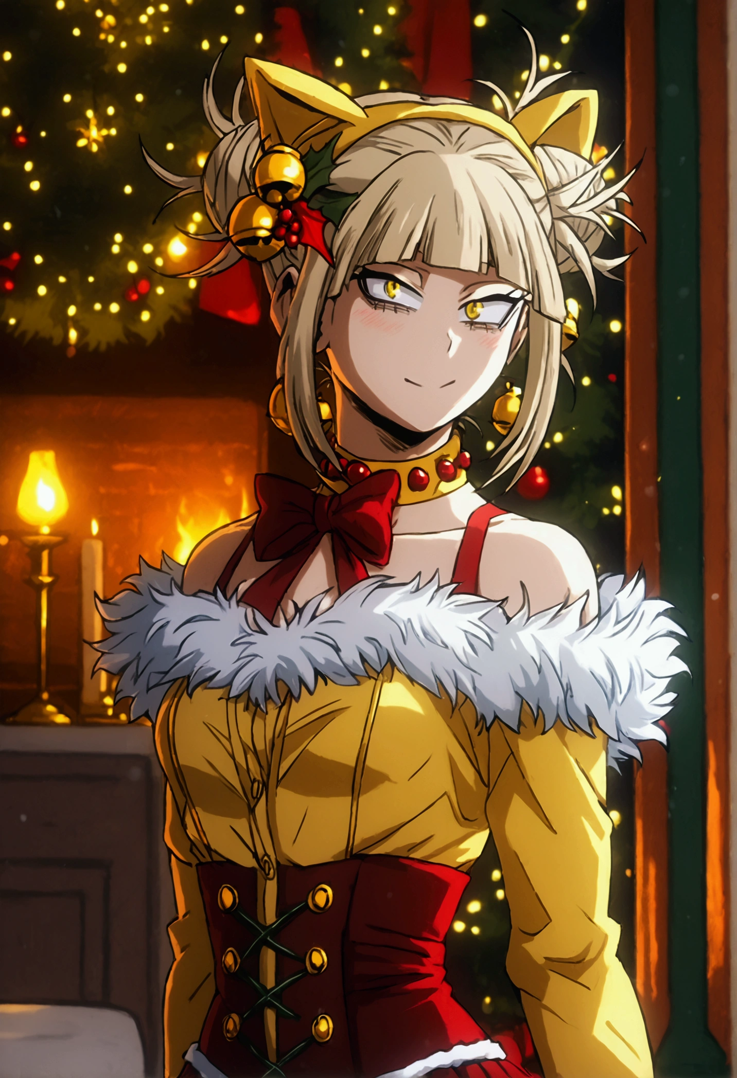 togahimiko, yellow eyes,Himiko toga,\(my hero academia\),my hero academia,perfect picture,perfect eyes dehimiko toga\(my hero academia\),my hero academia,perfect picture,perfect eyes,Short blonde hair with two messy buns in her hair and yellow eyes with cat pupils,(Standing with Straight Standing Looking at the Fourth Wall),(wearing),+,(Imagine a dazzling, erotic twist on the traditional Mrs. Claus costume for a provocative Christmas cosplay. Start with a floor-length velvet dress in a rich crimson red hue, reminiscent of Santa's iconic suit. The fitted bodice should feature intricate gold embroidery reminiscent of festive holly leaves, with a plunging neckline that shows off ample cleavage. A wide satin sash cinches the waist, accentuating your curves before flowing into a dramatic pleated skirt. Add a few tempting touches, like sheer thigh-high stockings in a deep berry hue, supported by garter belts adorned with little bells. A pair of patent leather knee-high boots completes the look, their sleek black surface contrasting beautifully with the vibrant red dress. For a final flourish, incorporate some fun and mischievous elements – perhaps a little Santa hat dangling from the top of your head or a sprig of mistletoe cleverly hidden inside your cleavage. The overall effect should be a sensual, seductive take on classic holiday attire, perfect for offering sensual surprises under the mistletoe this Christmas season.)