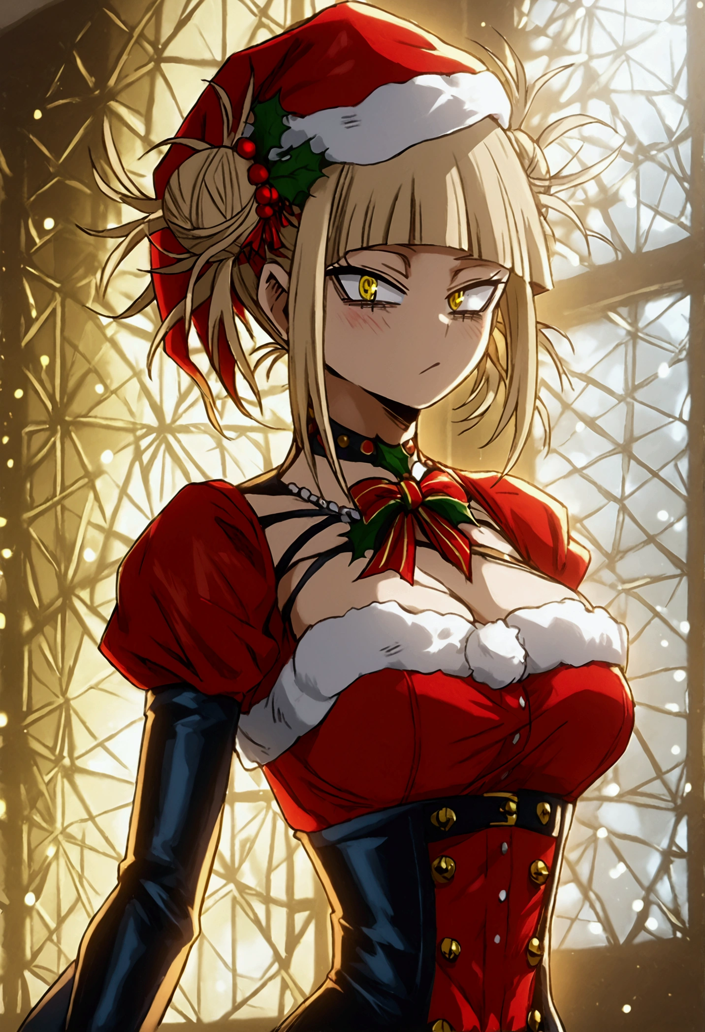 togahimiko, yellow eyes,Himiko toga,\(my hero academia\),my hero academia,perfect picture,perfect eyes dehimiko toga\(my hero academia\),my hero academia,perfect picture,perfect eyes,Short blonde hair with two messy buns in her hair and yellow eyes with cat pupils,(Standing with Straight Standing Looking at the Fourth Wall),(wearing),+,(Imagine a dazzling, erotic twist on the traditional Mrs. Claus costume for a provocative Christmas cosplay. Start with a floor-length velvet dress in a rich crimson red hue, reminiscent of Santa's iconic suit. The fitted bodice should feature intricate gold embroidery reminiscent of festive holly leaves, with a plunging neckline that shows off ample cleavage. A wide satin sash cinches the waist, accentuating your curves before flowing into a dramatic pleated skirt. Add a few tempting touches, like sheer thigh-high stockings in a deep berry hue, supported by garter belts adorned with little bells. A pair of patent leather knee-high boots completes the look, their sleek black surface contrasting beautifully with the vibrant red dress. For a final flourish, incorporate some fun and mischievous elements – perhaps a little Santa hat dangling from the top of your head or a sprig of mistletoe cleverly hidden inside your cleavage. The overall effect should be a sensual, seductive take on classic holiday attire, perfect for offering sensual surprises under the mistletoe this Christmas season.)