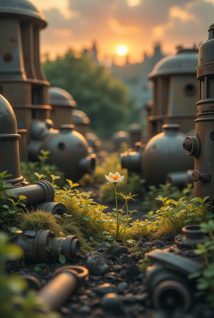 Rusty machinery covered with moss and plants, Signs of decay,Mechanical Graveyard，Small Flower,Sunset,in conclusion,photography