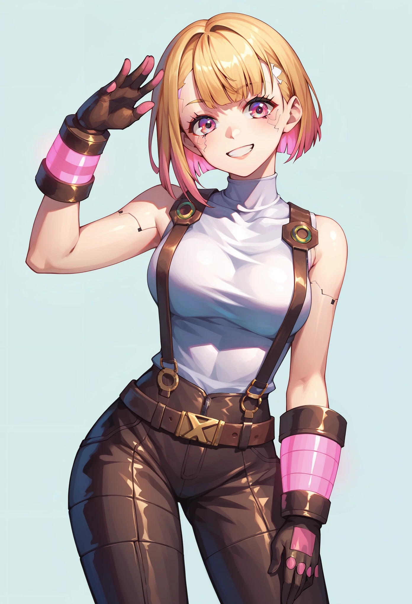 (masterpiece, best quality:1.2), pink glowing eyes, pink eyes, perfect face, blonde, gorgeous, strong make up, highres, 1 girl, solo, make up, (female:1.5), multcolored hair, shoulder eletronic armor,  sleeveless turtleneck, cute outfit, white shirt, eletronic forniture, suspenders, belt, gloves, bracer,  cute smile, standing, portrait, looking at viewer, cyberpunk forniture, long leather boots, fullbody shot, dinamic pose, cyberpunk backgrund, futuristic cyberpunk theme,