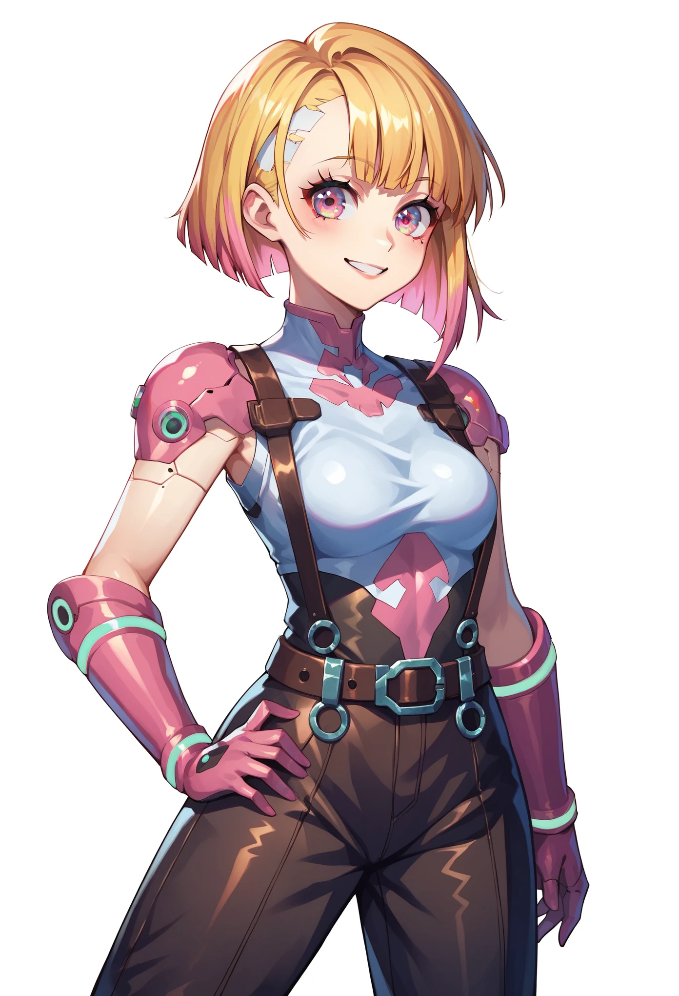 (masterpiece, best quality:1.2), pink glowing eyes, pink eyes, perfect face, blonde, gorgeous, strong make up, highres, 1 girl, solo, make up, (female:1.5), multcolored hair, shoulder eletronic armor,  sleeveless turtleneck, cute outfit, white shirt, eletronic forniture, suspenders, belt, gloves, bracer,  cute smile, standing, portrait, looking at viewer, cyberpunk forniture, long leather boots, fullbody shot, dinamic pose, cyberpunk backgrund, futuristic cyberpunk theme,