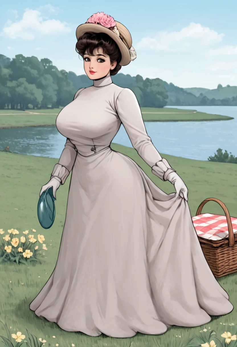 Illustration of Midge Klump as a **yo coquette having a picnic by the lake, waiting on all fours. 1900_dr3ss. Year 1901. Lonely field backdrop. Brunette pompadour with split curls. Wearing high-neck gown with long sleeves, flower-brimmed hat, gloves, boots. Massive breasts, tiny wasp waist, huge bubble butt. Rapemeat, flirting, winking one eye. NSFW