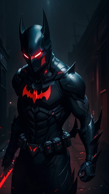 masterpiece,(((dark atmosphere:7.5,darkness:9.0,Underexpose Lighting:9.0,)))DC COMIC,batman beyond,Terry McGinnis,very wide shot:3.0,8k resolution, ultra detailed, high definition art, one male, back street at midnight background,black color head covered mask,glowing red color mechanical eyes,mechanical batman beyond suit,mechanical black and red color suit,exceptionally detailed glowing red color chest bat simbol,(((Facing forward)))