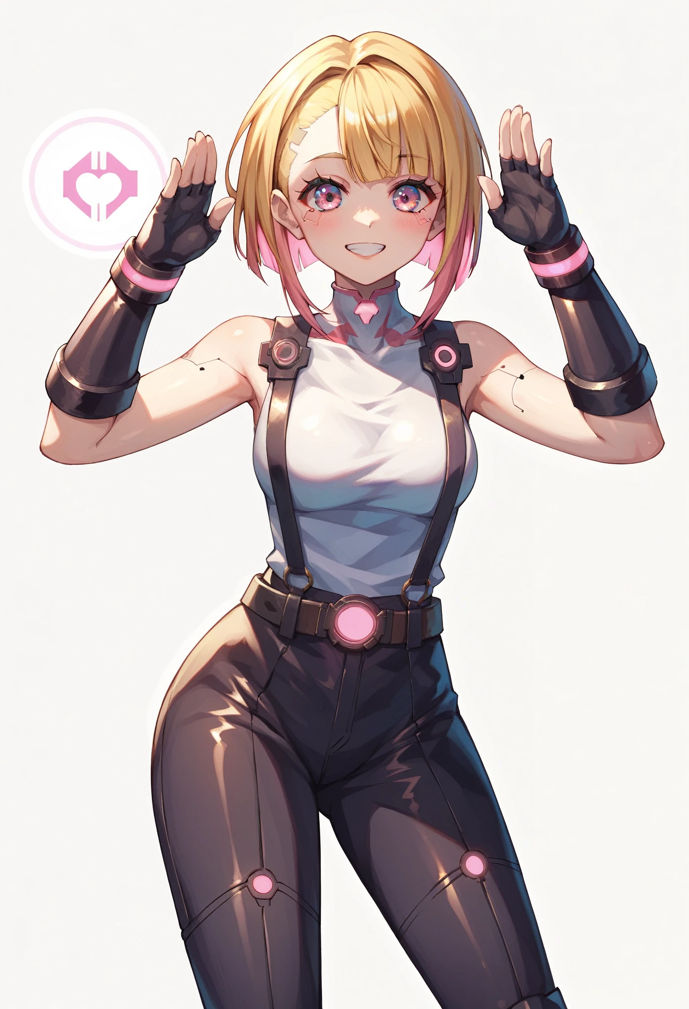 (masterpiece, best quality:1.2), pink glowing eyes, pink eyes, perfect face, blonde, gorgeous, strong make up, highres, 1 girl, solo, make up, (female:1.5), multcolored hair, shoulder eletronic armor,  sleeveless turtleneck, cute outfit, white shirt, eletronic forniture, suspenders, belt, gloves, bracer,  cute smile, standing, portrait, looking at viewer, cyberpunk forniture, long leather boots, fullbody shot, dinamic pose, cyberpunk backgrund, futuristic cyberpunk theme,