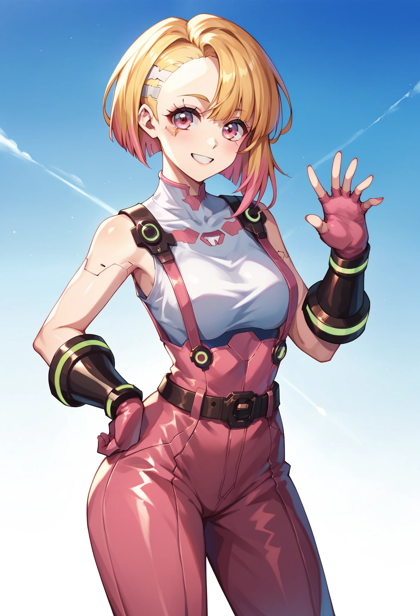 (masterpiece, best quality:1.2), pink glowing eyes, pink eyes, perfect face, blonde, gorgeous, strong make up, highres, 1 girl, solo, make up, (female:1.5), multcolored hair, shoulder eletronic armor,  sleeveless turtleneck, cute outfit, white shirt, eletronic forniture, suspenders, belt, gloves, bracer,  cute smile, standing, portrait, looking at viewer, cyberpunk forniture, long leather boots, fullbody shot, dinamic pose, cyberpunk backgrund, futuristic cyberpunk theme,