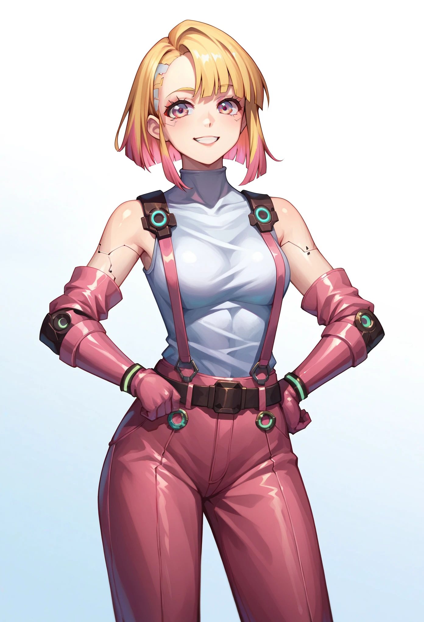 (masterpiece, best quality:1.2), pink glowing eyes, pink eyes, perfect face, blonde, gorgeous, strong make up, highres, 1 girl, solo, make up, (female:1.5), multcolored hair, shoulder eletronic armor,  sleeveless turtleneck, cute outfit, white shirt, eletronic forniture, suspenders, belt, gloves, bracer,  cute smile, standing, portrait, looking at viewer, cyberpunk forniture, long leather boots, fullbody shot, dinamic pose, cyberpunk backgrund, futuristic cyberpunk theme,