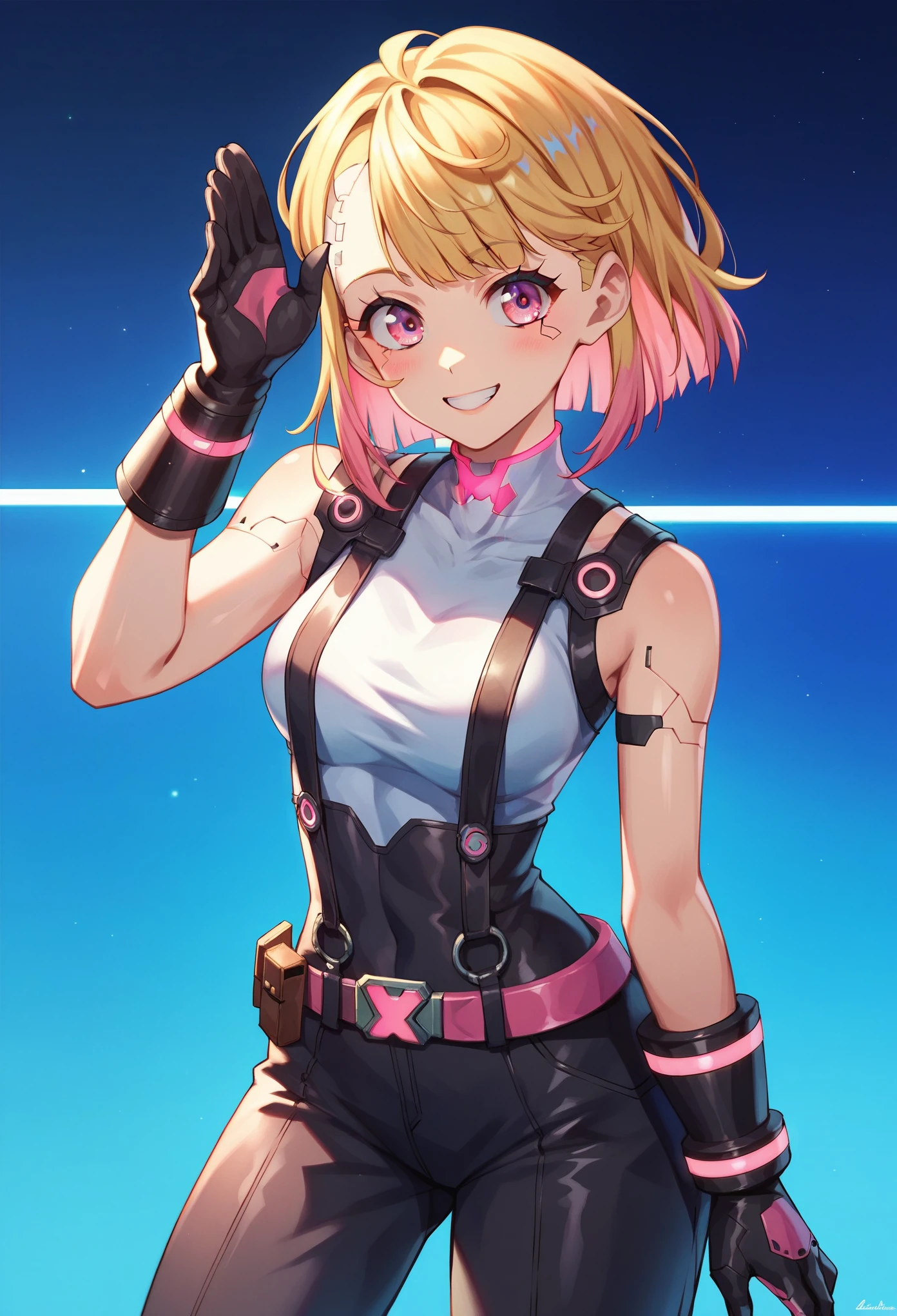 (masterpiece, best quality:1.2), pink glowing eyes, pink eyes, perfect face, blonde, gorgeous, strong make up, highres, 1 girl, solo, make up, (female:1.5), multcolored hair, shoulder eletronic armor,  sleeveless turtleneck, cute outfit, white shirt, eletronic forniture, suspenders, belt, gloves, bracer,  cute smile, standing, portrait, looking at viewer, cyberpunk forniture, long leather boots, fullbody shot, dinamic pose, cyberpunk backgrund, futuristic cyberpunk theme,