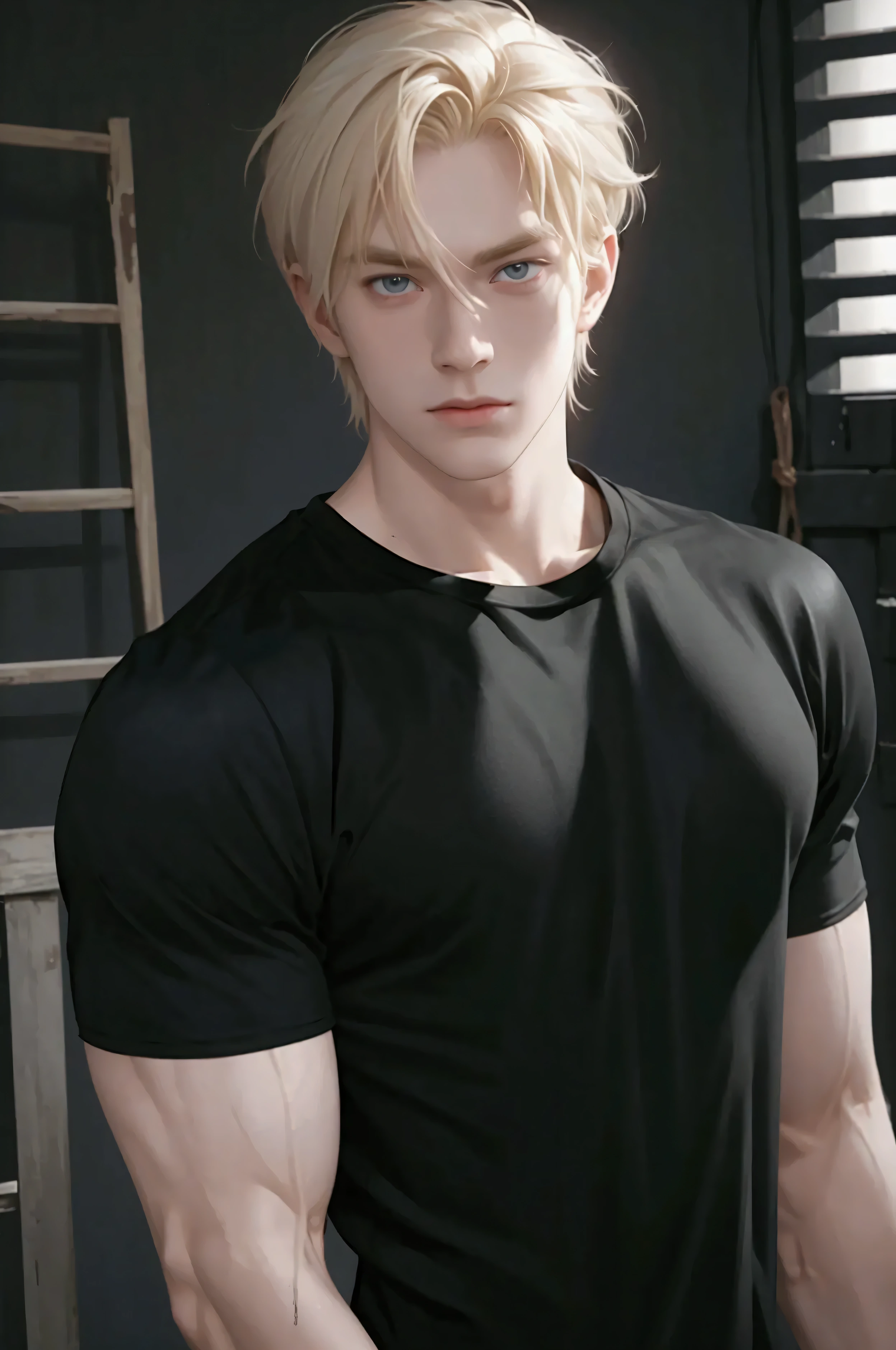 Blonde haired man, muscles, pale skin, dark eyes, tight black t-shirt, high quality, dirty room, strong sunlight