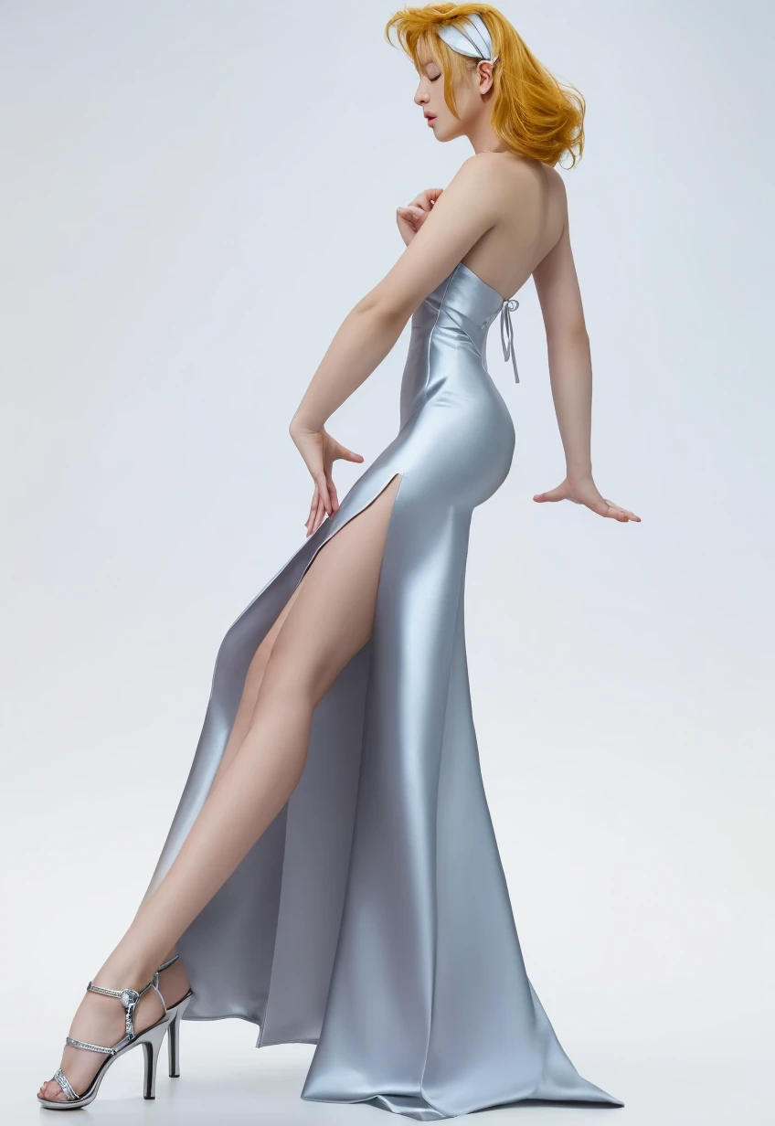 blue/silver liquid metal model，(masterpiece, best quality:1.2),  elsa model,  Blank Background，Spellcasting pose，Splashing metal，Blurred foreground