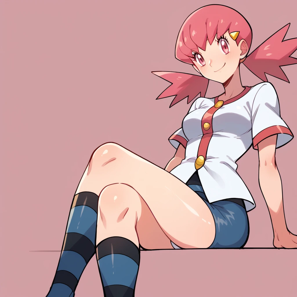 score_9, score_8_up, score_7_up, defwhitney, whitney \(pokemon\), 1girl, arm support, blush, smile, breasts, buttons, 3 bottons, crossed legs, eyelashes, hair ornament, hairclip, jacket, long hair, pink eyes, pink hair, short skirt, short sleeves, skirt, denim skirt, sitting, socks, solo, striped clothes, tight skirt, striped socks, twintails, white jacket, tick thighs, shiny skin, pink background, underwear, white underwear, perfect crossed legs, perfect legs, perfect thighs, perfect stripes,