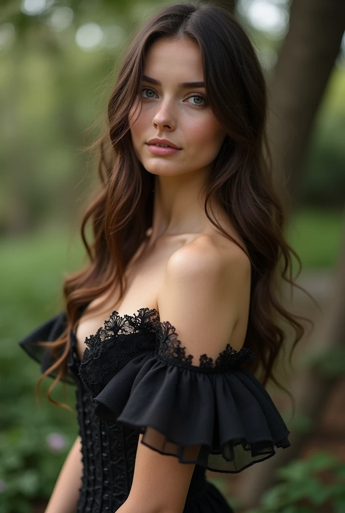 A beautiful european girl, Eve, wearing black organza dress, transparent dress, cleavage, black transparent stockings, full body, meadow, black flowers, grey sky, tornado. She is 24 years old, has black hair, long hair, curly hair and black eyes. Her cloth is stylish and her overall appearance is stunning. The girl's face is extremely detailed with beautifully detailed lips. Her skin is anatomically correct with realistic textures. The image should have super high details and be of the best quality, with a resolution of 8K. The final result should be a masterpiece, showcasing the girl's beauty and the vibrant atmosphere of The Sky and storm