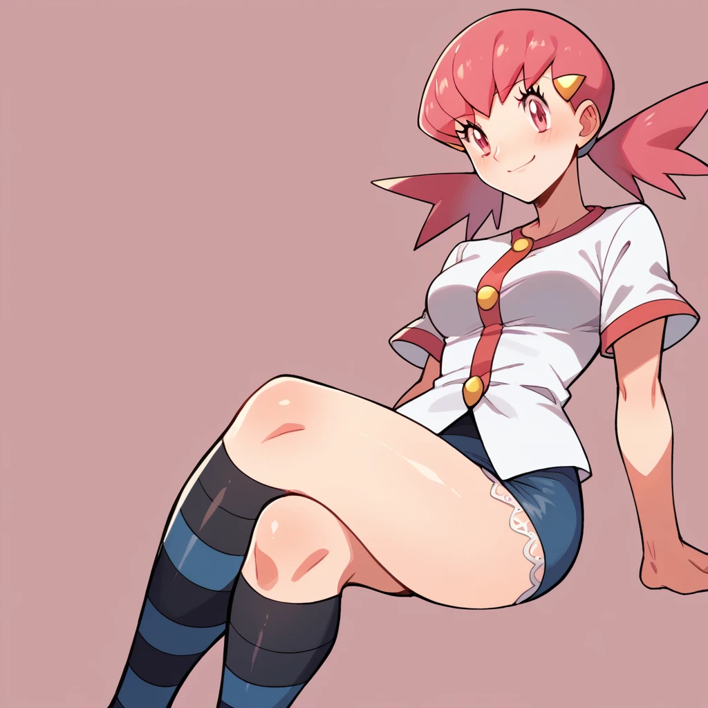 score_9, score_8_up, score_7_up, defwhitney, whitney \(pokemon\), 1girl, arm support, blush, smile, breasts, buttons, 3 bottons, crossed legs, eyelashes, hair ornament, hairclip, jacket, long hair, pink eyes, pink hair, short skirt, short sleeves, skirt, denim skirt, sitting, socks, solo, striped clothes, tight skirt, striped socks, twintails, white jacket, tick thighs, shiny skin, pink background, underwear, white underwear, lace underwear, perfect crossed legs, perfect legs, perfect thighs, perfect stripes,