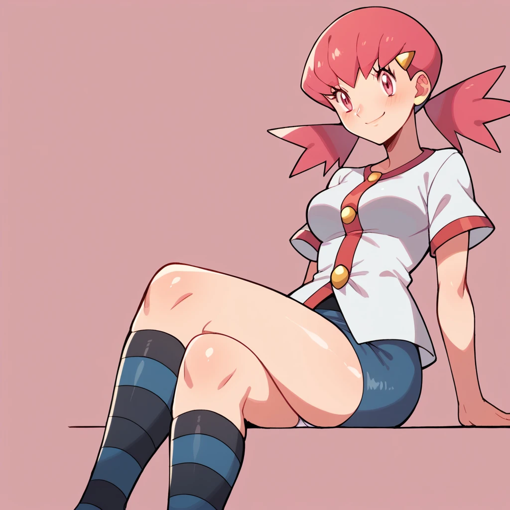 score_9, score_8_up, score_7_up, defwhitney, whitney \(pokemon\), 1girl, arm support, blush, smile, breasts, buttons, 3 bottons, crossed legs, eyelashes, hair ornament, hairclip, jacket, long hair, pink eyes, pink hair, short skirt, short sleeves, skirt, denim skirt, sitting, socks, solo, striped clothes, tight skirt, striped socks, twintails, white jacket, tick thighs, shiny skin, pink background, underwear, white underwear, lace underwear, perfect crossed legs, perfect legs, perfect thighs, perfect stripes,