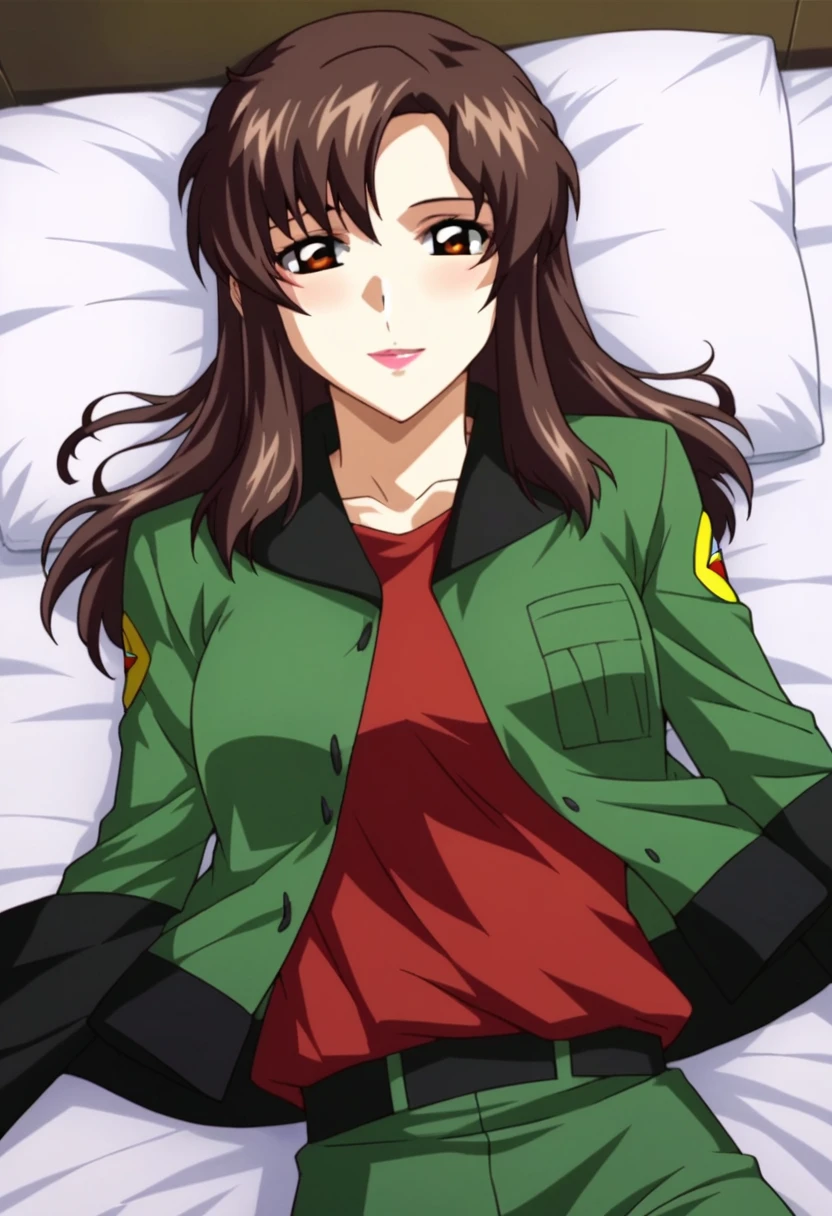 score_9, score_8_up, score_7_up, source_anime, SFW, BREAK, fullbody shot, Murrue, 1girl, solo, exquisite face, beautiful eyes, brown hair, brown eyes, lipstick, long hair, looking at viewer, light smile, blush, open jacket, military skirt, pantyhose, lying on her back, on bed, indoors, on bedroom