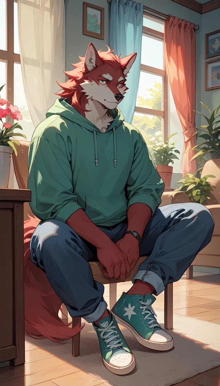 Anime style illustration of a red furry wolf,With hands and feet, Wearing olive green sweatshirt, Dark blue overalls, and turquoise Converse sneakers. Wolf sitting in a semi-modern armchair，The room is in minimalist style，The walls are white，The floor is wooden. There is a flower pot next to the wolf, The room has a window，The curtains are fog gray. The sun shines in through the window, Casting beautiful lights.