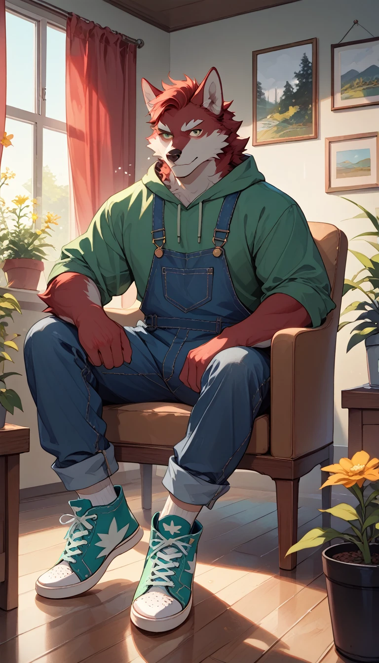 Anime style illustration of a red furry wolf,With hands and feet, Wearing olive green sweatshirt, Dark blue overalls, and turquoise Converse sneakers. Wolf sitting in a semi-modern armchair，The room is in minimalist style，The walls are white，The floor is wooden. There is a flower pot next to the wolf, The room has a window，The curtains are fog gray. The sun shines in through the window, Casting beautiful lights.