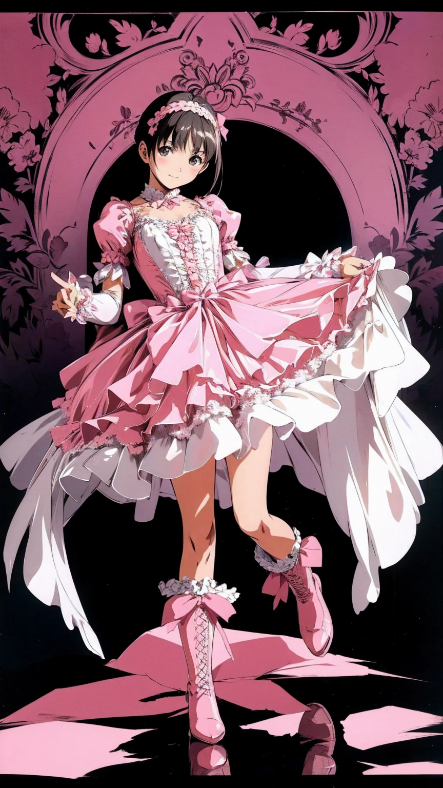 Anime Style、story、、Beautiful girls、とてもcute天使、Pink Gothic Dress、cute、baby face、smile、Long skirt、Black boots、Very cute headband
