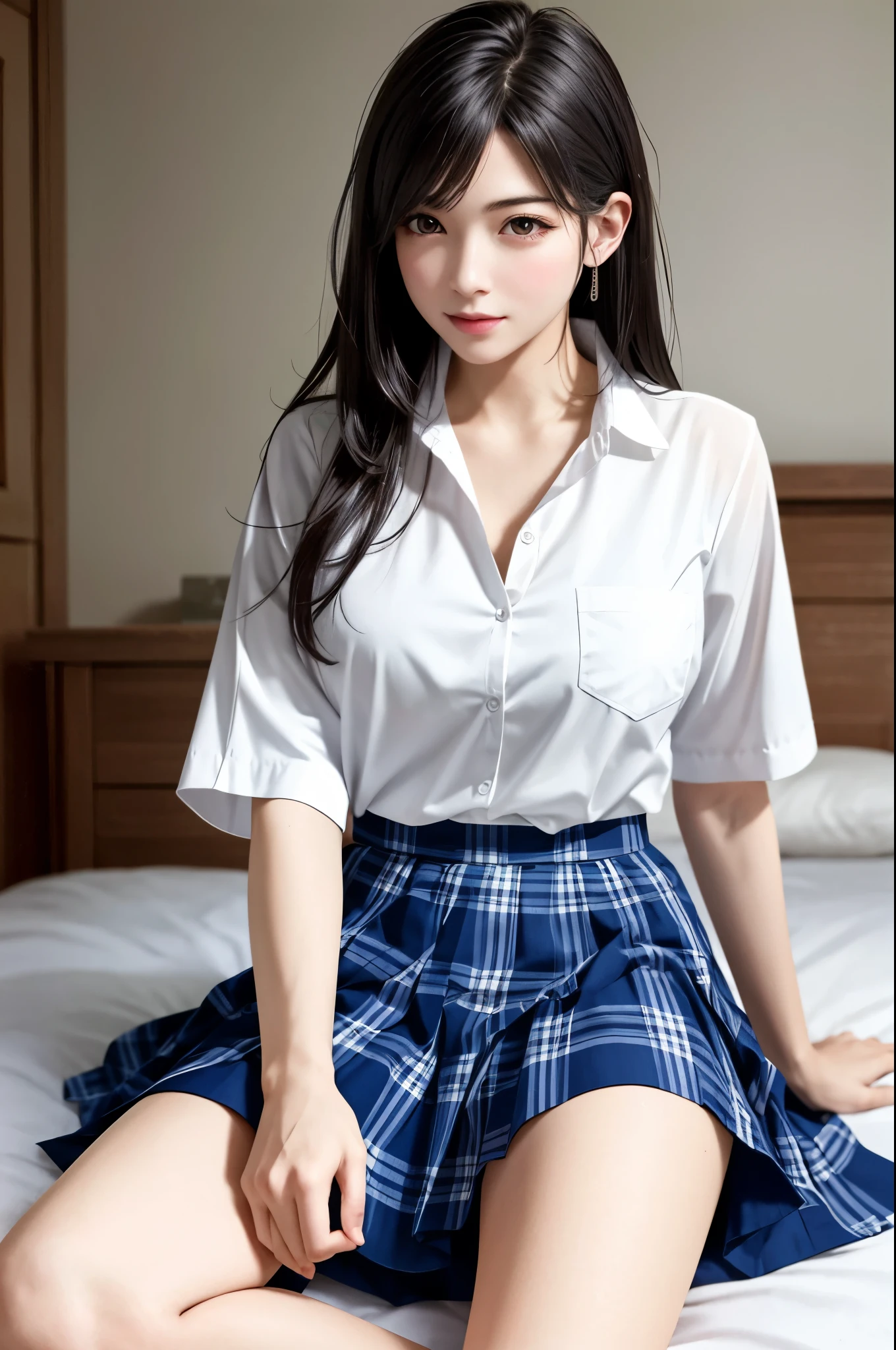 {top quality, masterpiece, ultra detailed}, {{{Realistic, photo Realistic}}},wallpapers, BREAK {from below},{{{FF7,Tifa_lockhart,solo}}},{{{Japanese JK uniform, collared school shirt, long-sleeved, Navy Blue Plaid Pleated mini-Skirt}}}, {{high school, classroom}}, Cinematic lighting, sunset ,{{gravure pose, Nogizaka idol}}, Ultra-detailed face, Detailed eyes, Red eyes, BREAK (((FF7,Tifa_lockhart))),{black brown hair, medium breasts}, BREAK , About 18 years old, kawaii, sensual, looking at viewer,{{{face focus, lip close up}}},Challenging eyes, making fun of the viewer, mocking, look down, disdain