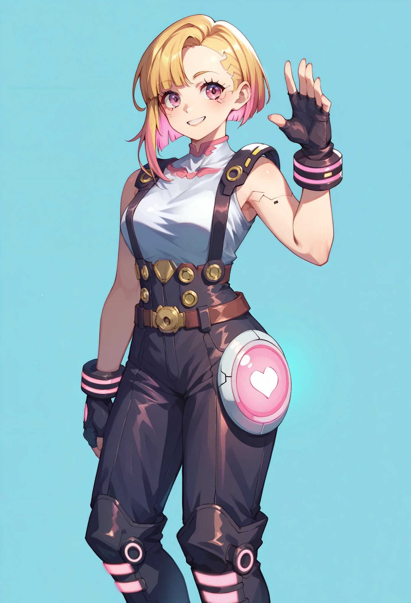 (masterpiece, best quality:1.2), pink glowing eyes, pink eyes, perfect face, blonde, gorgeous, strong make up, highres, 1 girl, solo, make up, (female:1.5), multcolored hair, shoulder eletronic armor,  sleeveless turtleneck, cute outfit, white shirt, eletronic forniture, suspenders, belt, gloves, bracer,  cute smile, standing, portrait, looking at viewer, cyberpunk forniture, long leather boots, fullbody shot, dinamic pose, cyberpunk backgrund, futuristic cyberpunk theme,