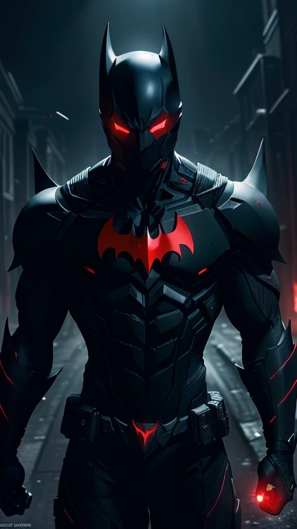 masterpiece,(((dark atmosphere:7.5,darkness:9.0,Underexpose Lighting:9.0,)))DC COMIC,batman beyond,Terry McGinnis,very wide shot:3.0,8k resolution, ultra detailed, high definition art, one male, back street at midnight background,black color head covered mask,glowing red color mechanical eyes,mechanical batman beyond suit,mechanical black and red color suit,exceptionally detailed glowing red color chest bat simbol:2.0,(((Facing forward)))