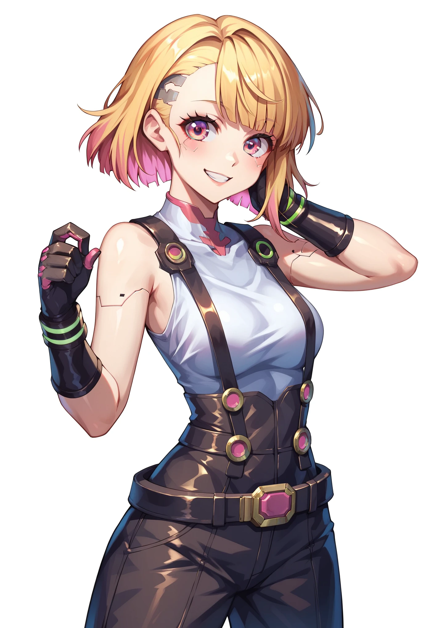 (masterpiece, best quality:1.2), pink glowing eyes, pink eyes, perfect face, blonde, gorgeous, strong make up, highres, 1 girl, solo, make up, (female:1.5), multcolored hair, shoulder eletronic armor,  sleeveless turtleneck, cute outfit, white shirt, eletronic forniture, suspenders, belt, gloves, bracer,  cute smile, standing, portrait, looking at viewer, cyberpunk forniture, long leather boots, fullbody shot, dinamic pose, cyberpunk backgrund, futuristic cyberpunk theme,