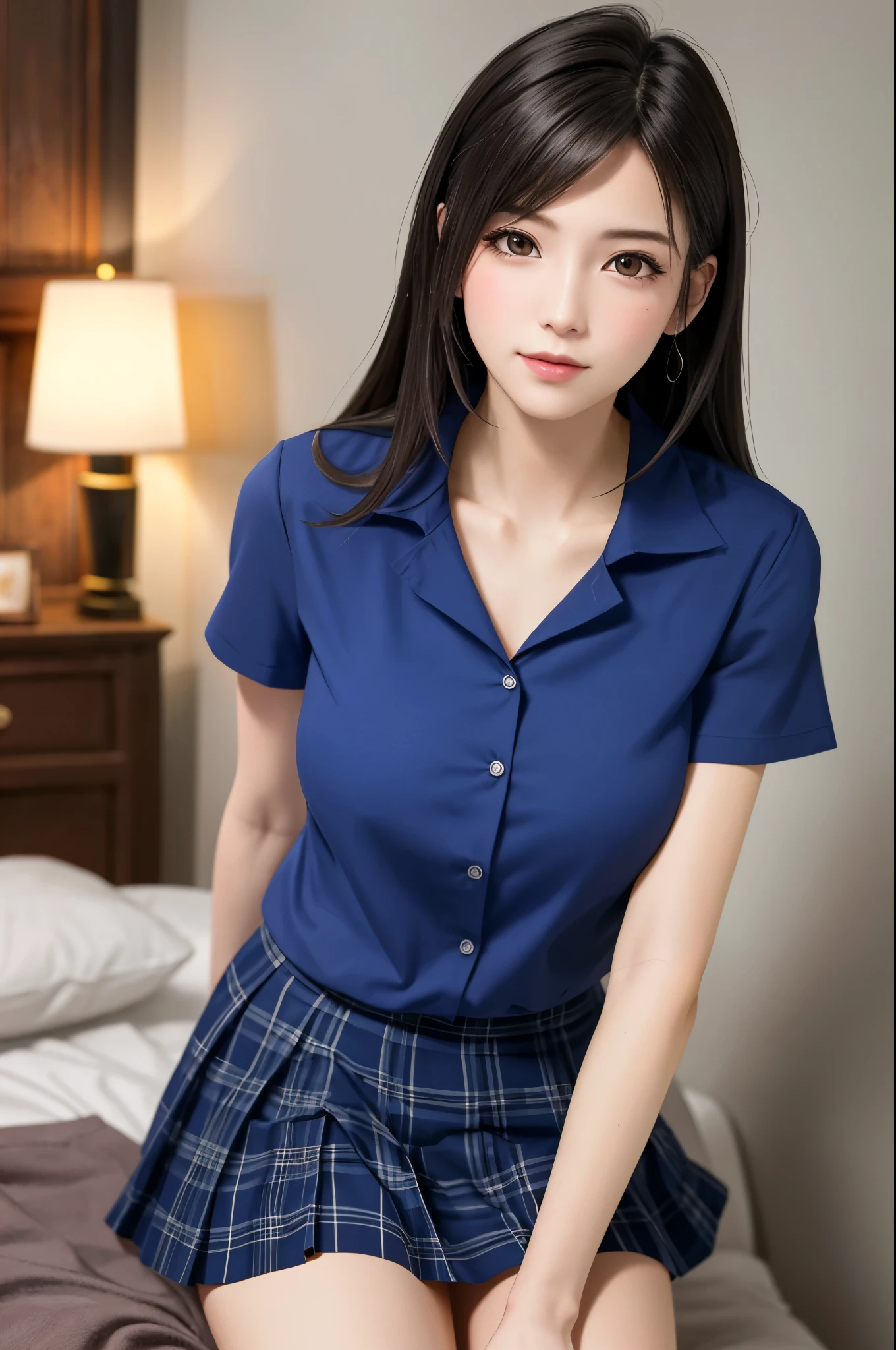 (Highest quality, 8K, masterpiece ), A 12-year-old junior high school student with a young face、Bun hairstyle、 Short Hairstyles、The eyes are large and clear、F cup breasts、Black Hair、My shirt is about to tear、Glamour thighs:1.2、Blue satin button-down shirt, Highly detailed face, double eyelid, Round face:1.2、whole body、Sexy thighs:1.2、Round face:1.3、Side angle,Diagonal horizontal angle:1.2、Pleated mini skirt、Sitting in a chair in a dark office at night with the lights out、A computer is placed in a dark office at night with the lights off.