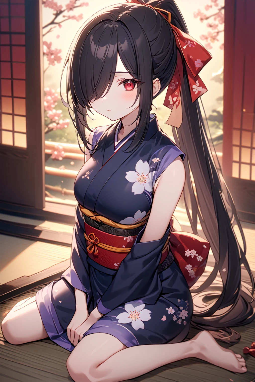 Full Body Portrait, 1girl, Solo, Looking at viewer, Shy, Cute, Red Eyes, Empty Eyes, Expressionless Eyes, Black Hair, Very Long Ponytail, Straight Hair, ((Hair Over One Eye, Swept Bangs:1.5)), Petite, score_9, source_anime, good_hands, Large breasts, Pale Skinned, Slender, Curvy, ninja, sleeveless, obi, japanese clothes, (Wariza:1.5), Japanese Background, Cinematic Lighting, Masterpiece, 4K, Best Quality, High Resolution, Accurate, Award Winning, (SuperQuality:1.0) ~ (SuperQuality:1.2)