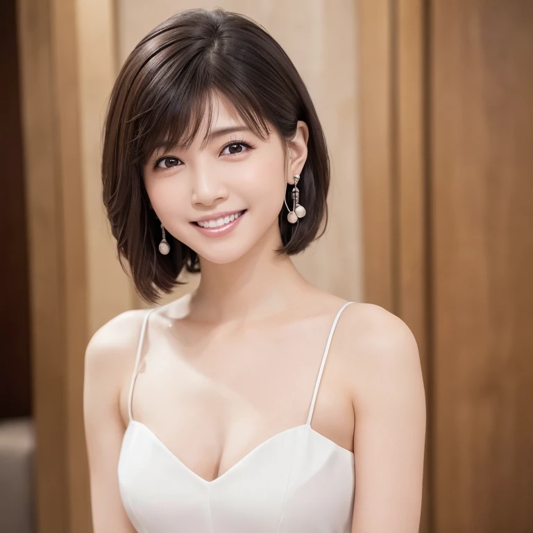 Dark brown short layered hair with bangs, Brown eyes, Soft aura. Wearing a white and ivory dress、Wearing a flowing skirt, Race details, and幸せな笑顔. She is wearing a bridal veil, Pearl Earrings, and、ring. (Best Quality, Ultra-high resolution, 8k, RAW Photos, Ultra-high resolution: 1.2, masterpiece: 1.3), (Realistic, Realistic: 1.37), Very detailed, Professional Writing, Photon Mapping, Radio City, Physically Based Rendering, One Girl, Sharp focus:1.2、Beautiful woman:1.4, cute, Nice, Adorable smile, Normal chest, (Clevis), (Dark brown short hair), (A cute toothy smile)、(nsfw:1.5)、