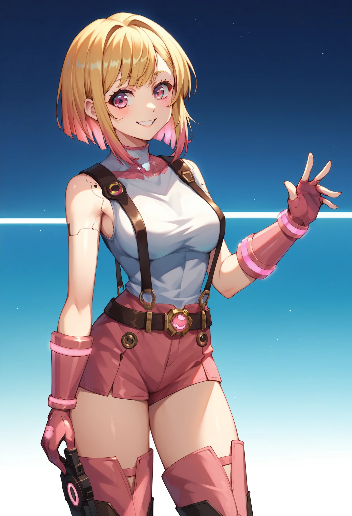 (masterpiece, best quality:1.2), pink glowing eyes, pink eyes, perfect face, blonde, gorgeous, strong make up, highres, 1 girl, solo, make up, (female:1.5), multcolored hair, shoulder eletronic armor, skimpy, sleeveless turtleneck, cute outfit, white shirt, eletronic forniture, suspenders, belt, gloves, bracer,  cute smile, standing, portrait, looking at viewer, cyberpunk forniture, long leather boots, fullbody shot, dinamic pose, cyberpunk backgrund, futuristic cyberpunk theme,