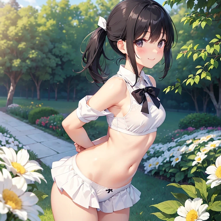 Very detailed, highest quality, High resolution, Moe Anime, ((A cute girl with black hair and droopy eyes looks back)), (Baby Face), Cute eyes, Detailed eye depiction, Sparkle in the eyes, Blue Eyes, View your viewers, Pale skin, Focus on the face, In the park with cherry blossoms falling, (On all fours:1.4), (((From the back:1.2))), ((Sheer white lace sleeveless dress)), Bright Eyes, Pink ribbon, ((Small Ass:1.4)), ((nsfw)), ((See-through white lace string panties))