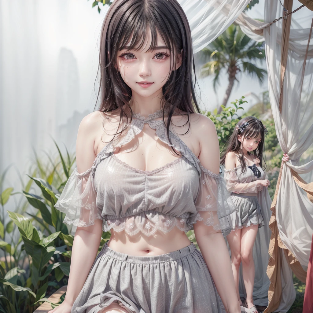 (​masterpiece:1.2、top-quality)、garments:translucent  dress,and strappy sandals、 accessory:shell necklace、 The hair:Loose ponytail、 make - up:natural, Glowing skin、 BEReaction:relax、easygoing、Free-spirited、 The location:the beach、Resort、outdoor festival、Akame、Colossal tits、