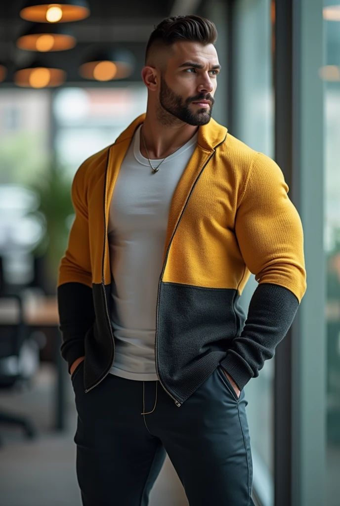 (absurdres, highres, ultra detailed, Ultra HD), ((tall handsome muscular man with a strong physique, solo, male model modern clothing, Full length portrait: 1.5, wearing a lion costume based zip-up jumpsuit with a hoodie that is unzipped revealing his chest and abs, bulge: 1.2)), beautiful, gorgeous, wet, mature, perfect eyes, sexy gaze, (looking at the viewers romantically), perfect body, smooth skin, a hot glow in his skin, extra large chest, largest breasts, extremely large pectorals, big nipples, breathtaking grandeur, model pose, colorful, artistic, focus on his calm facial features, elegant look, sexy posture, full body view,